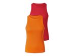 Two Ladies' Vest Tops in orange and red are stacked on top of each other.