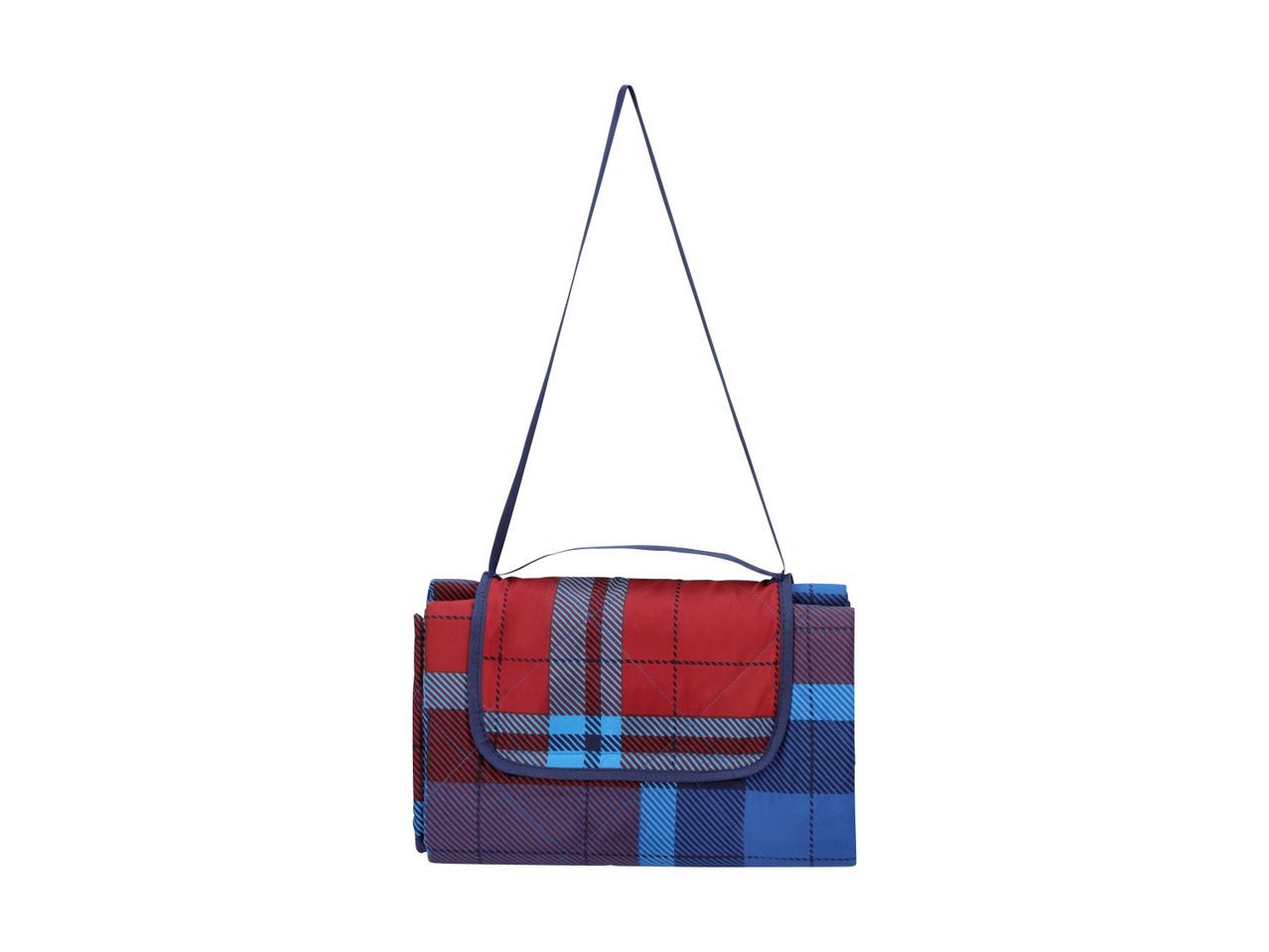 Folded red and blue plaid picnic blanket with a shoulder strap.