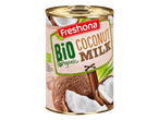 Blik Freshona Bio kokosmelk met afbeelding van kokosnoten.