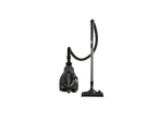 A black canister vacuum cleaner with a hose and floor nozzle on a black background.