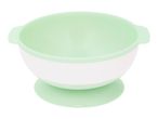 Green and white baby bowl with handles and a suction base.