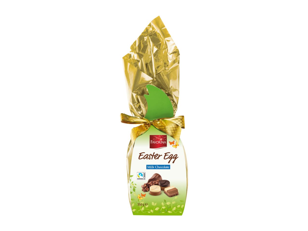 Milk chocolate Easter egg in gold foil with a green base, decorated with butterflies and chocolate pieces.