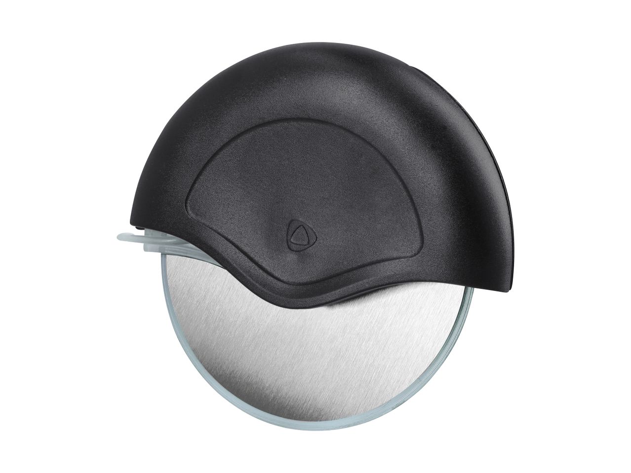 Black pizza cutter with a stainless steel wheel and a protective cover