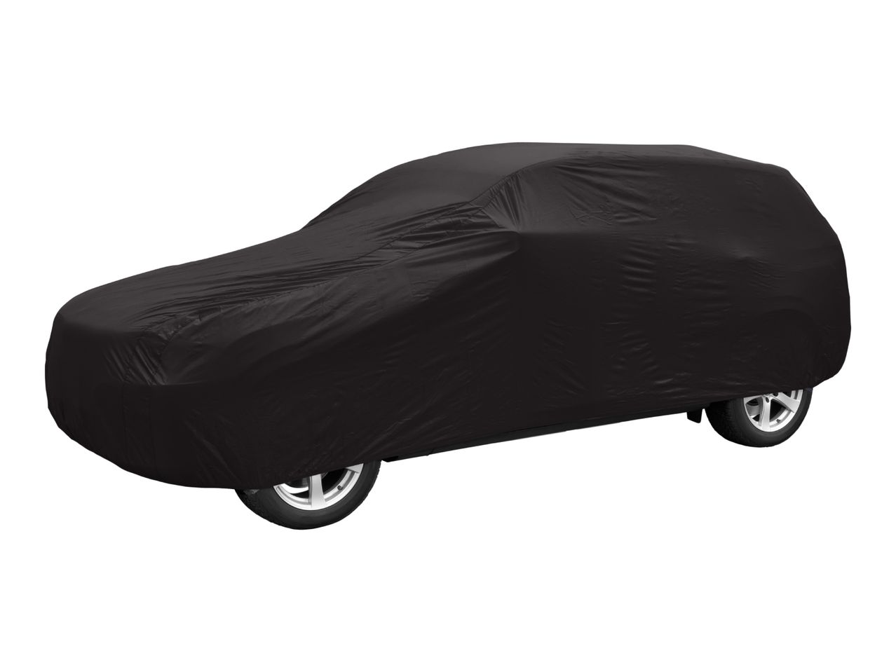Black car cover protecting a vehicle, showing the wheels.