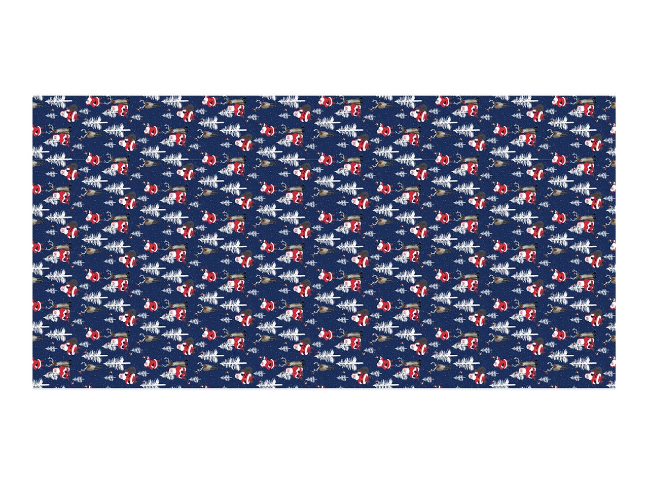 Christmas wrapping paper with Santa, reindeer, and snowy trees on a dark blue background.