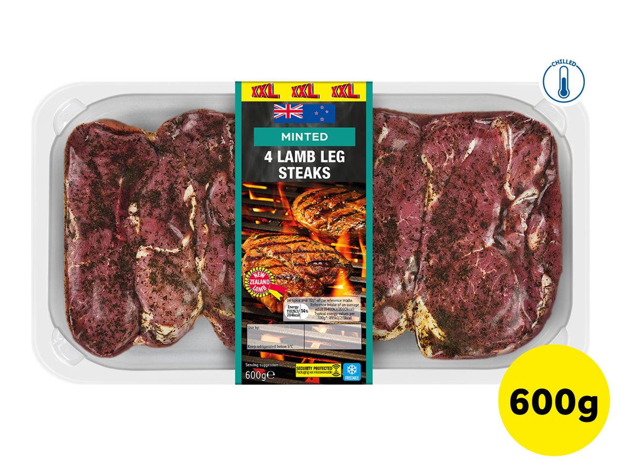 Minted lamb leg steaks in a tray, with a label indicating 600g weight and 'chilled' status.