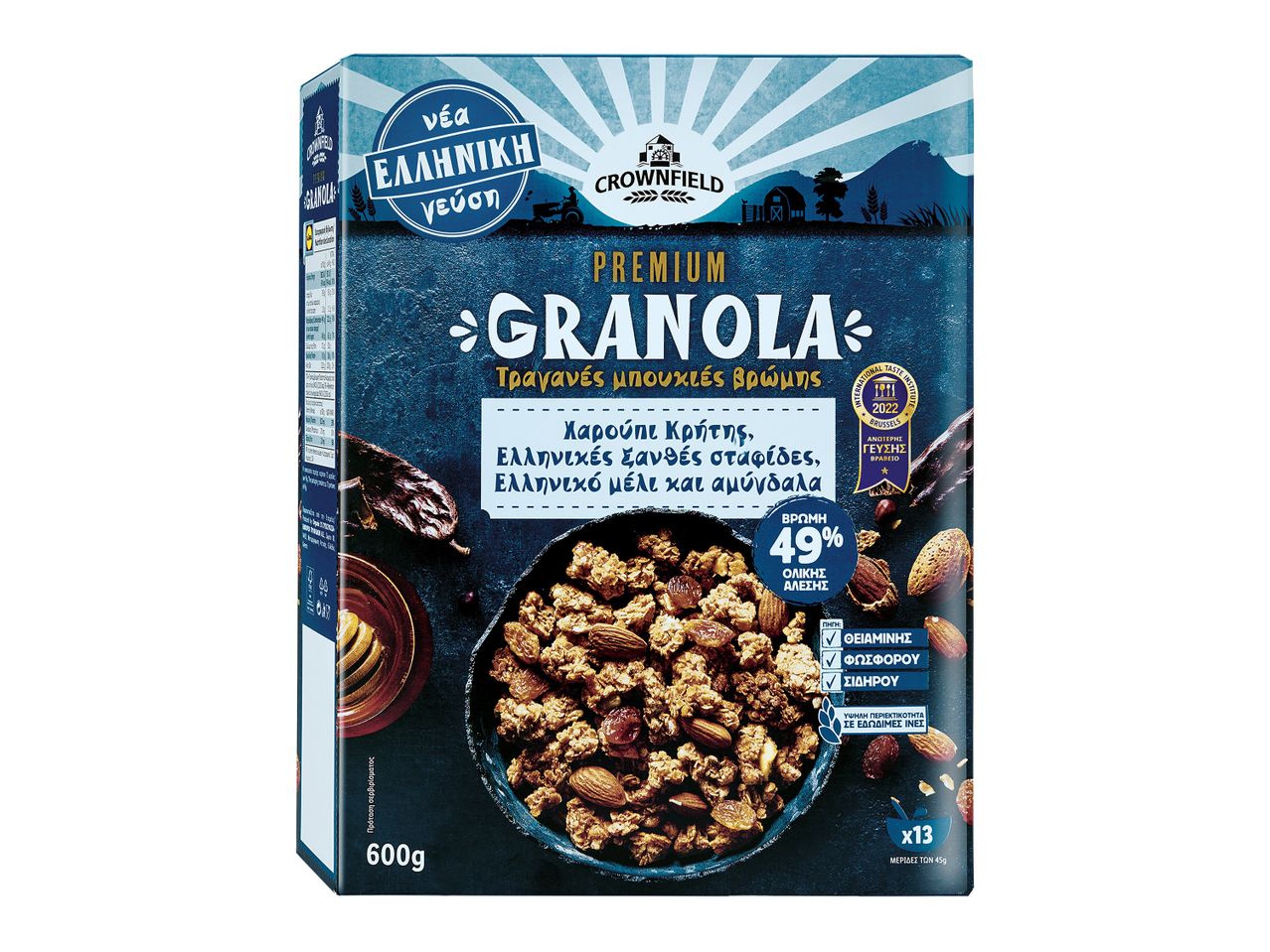 Crownfield Premium Granola με αμύγδαλα, σταφίδες και μέλι.