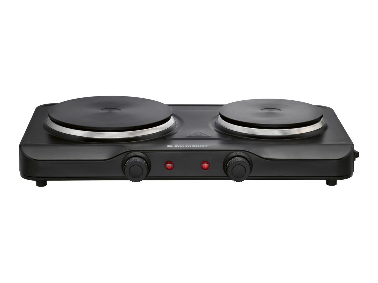 Black double hot plate with two burners, two control knobs, and two red indicator lights.