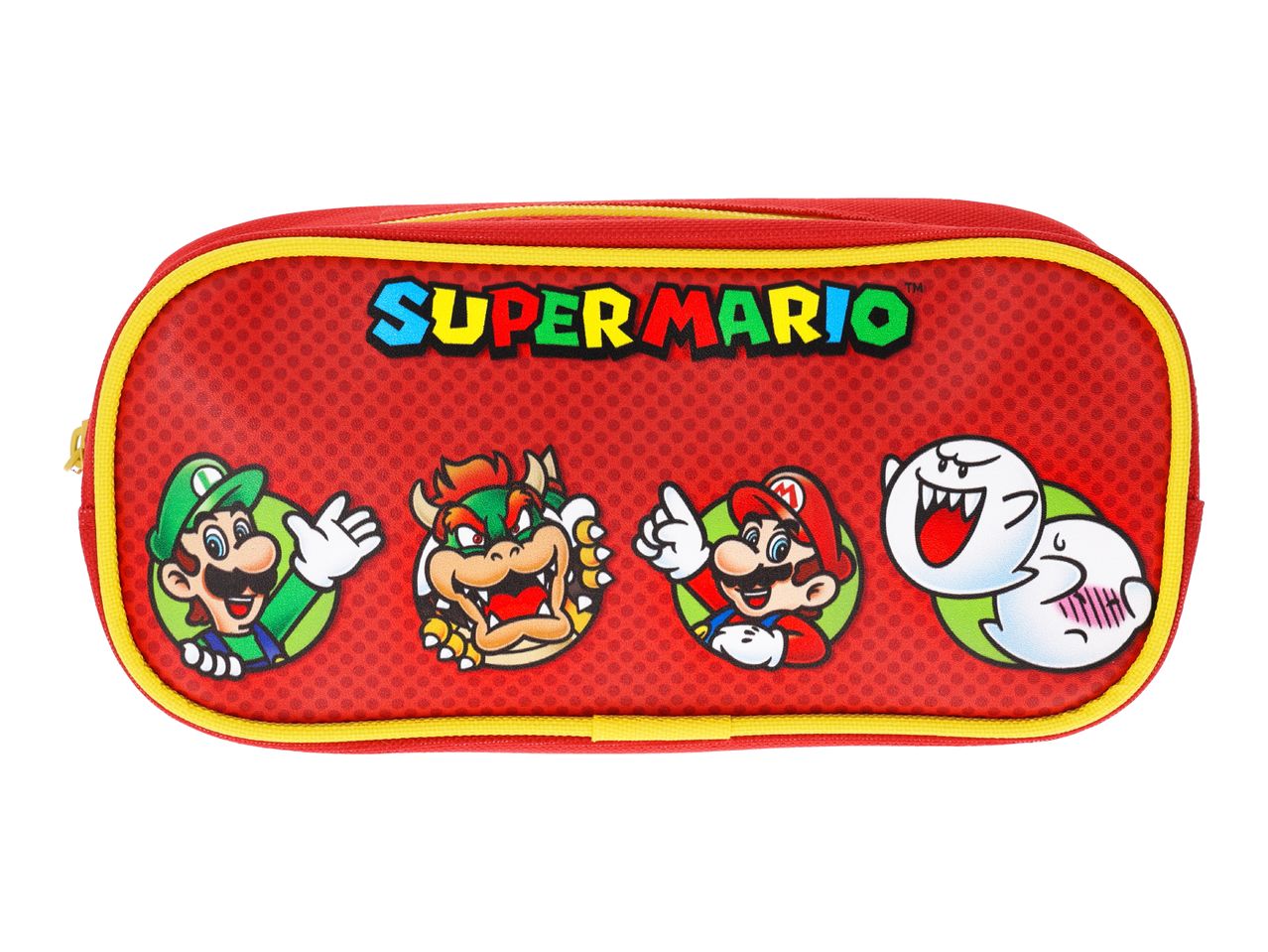 Red pencil case with Super Mario characters: Luigi, Bowser, Mario, and two Boos.