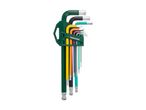 A set of colorful hex keys in a green holder, with sizes visible on the holder.