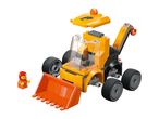 A yellow and black toy construction vehicle with a removable roof and a small figure.