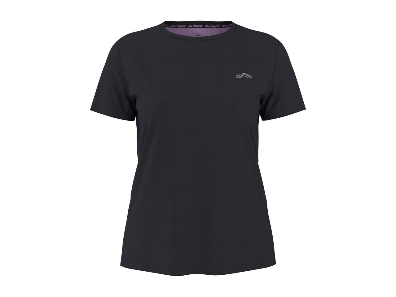 Black short-sleeved sports t-shirt with a subtle logo on the chest and purple inner collar.