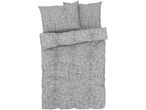 Gray duvet cover set with a white paisley pattern, including two pillows and a folded duvet.