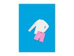White long-sleeved top and pink shorts on a blue background.
