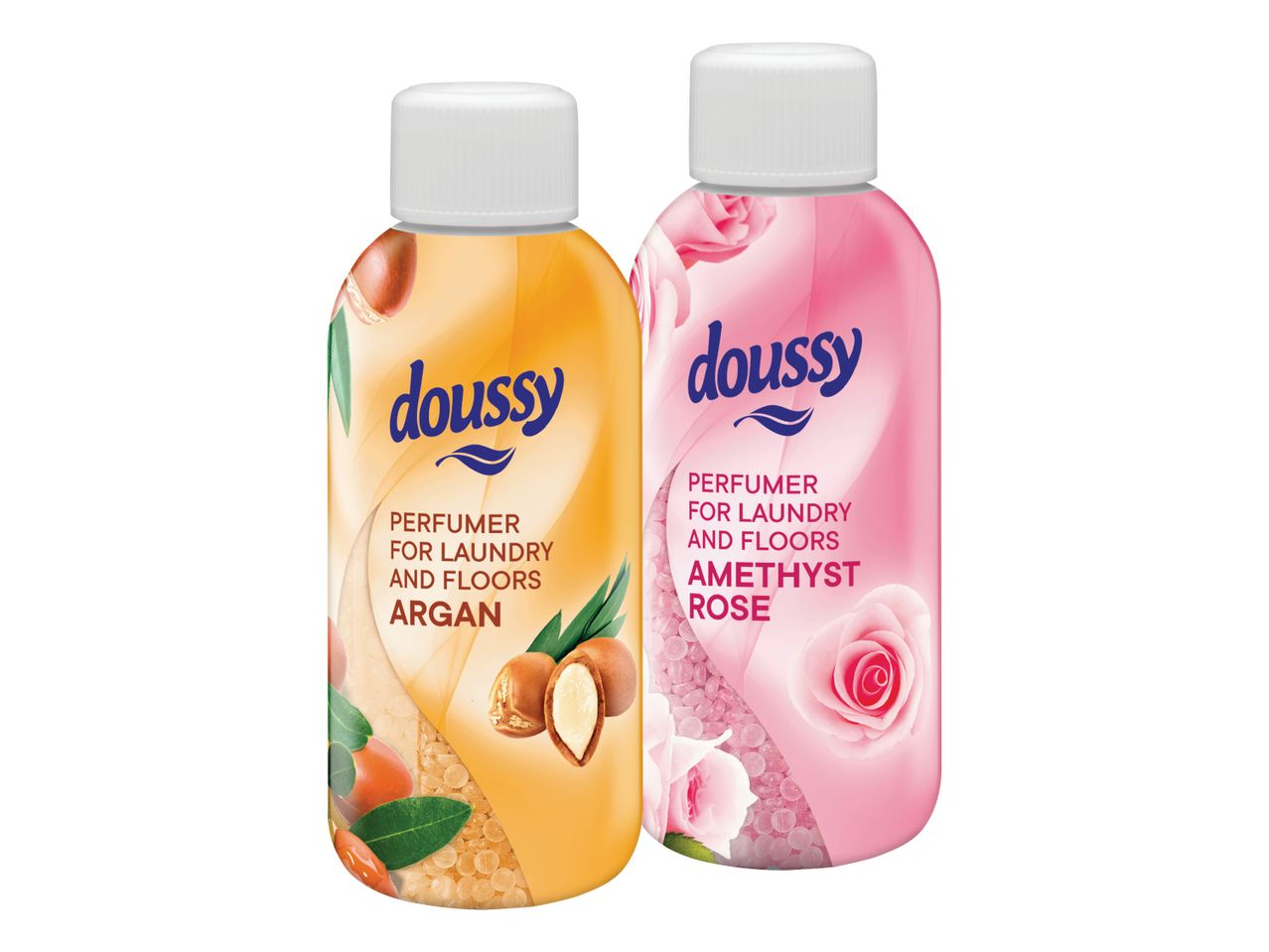 Dve steklenički Doussy parfuma za perilo in tla, ena z arganom in druga z ametistno vrtnico.