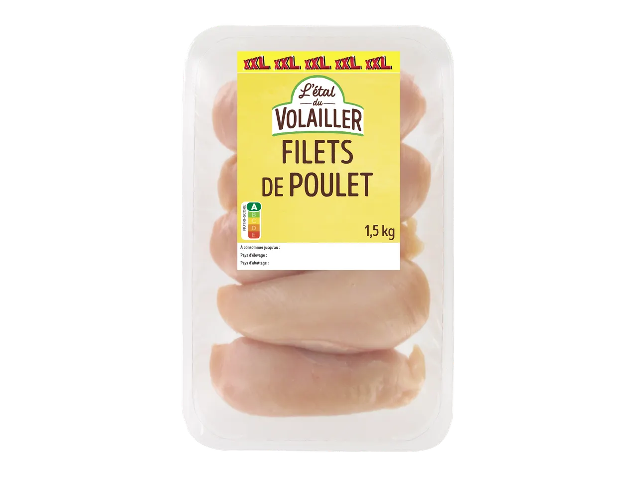 Barquette de filets de poulet de 1,5 kg avec Nutri-Score A.