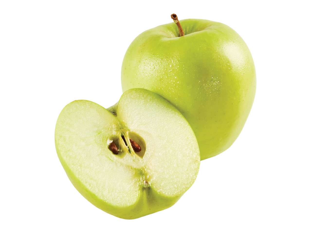 Zelena jabuka sa kapljicama vode i prepolovljena jabuka sa semenkama.