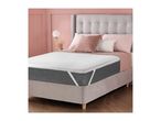 Bedroom with a bed, mattress topper, and pink and grey bedding.