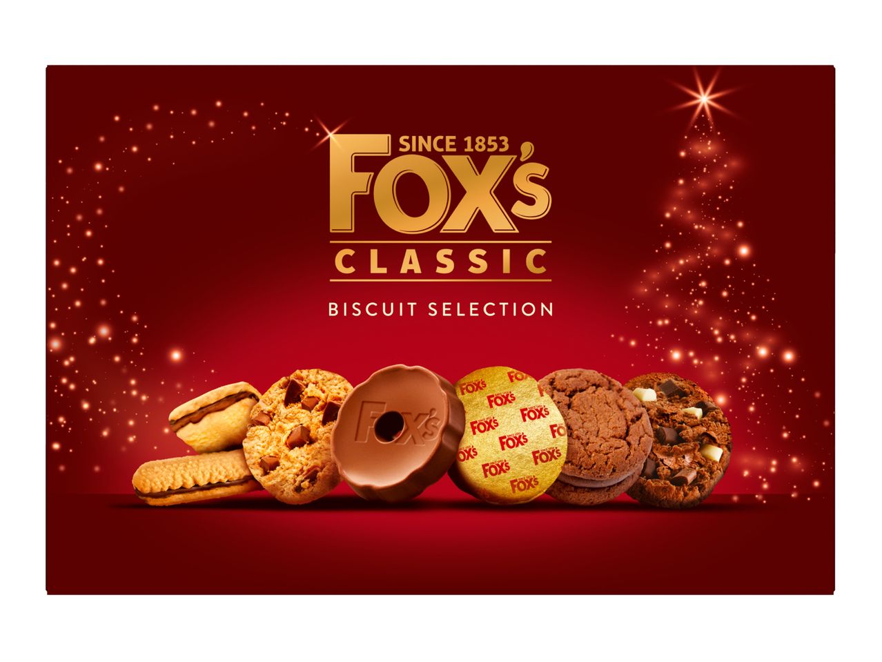 Fox's Classic Biscuit Selection with various biscuits on a red background.