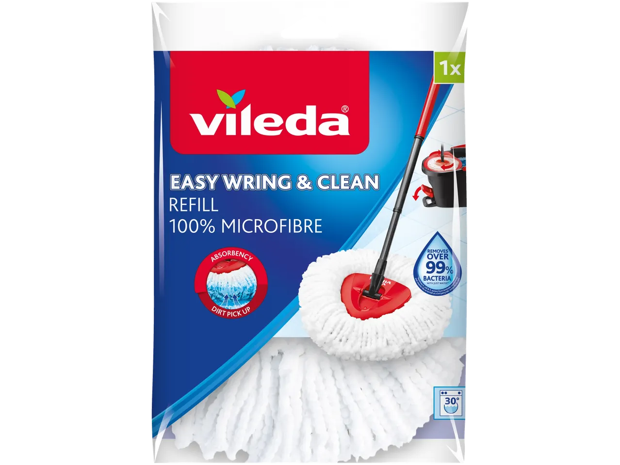 Recarga de esfregona 100% microfibra, remove mais de 99% das bactérias.
