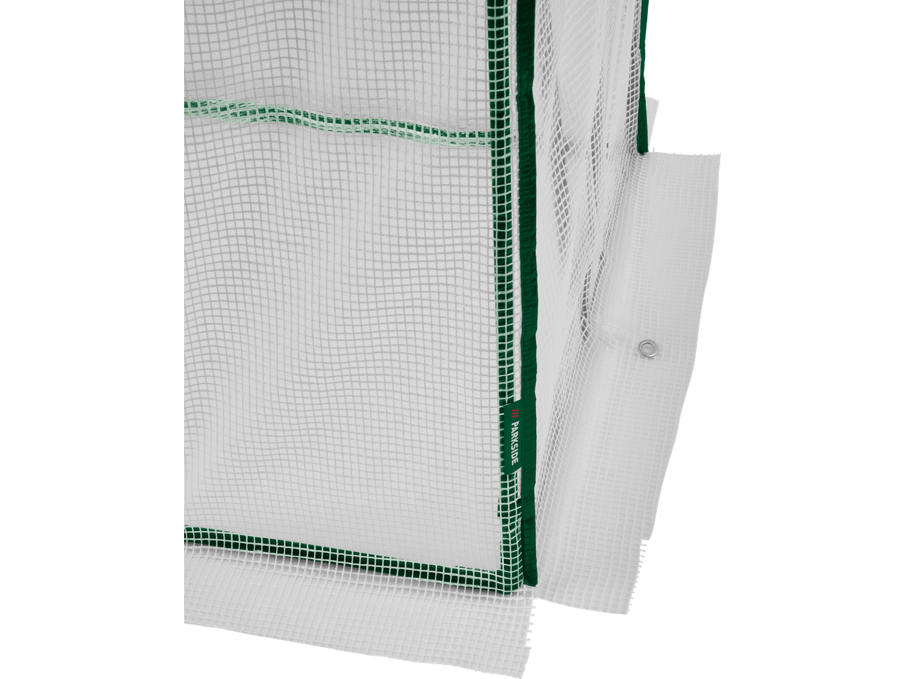 PARKSIDE siltumnīca ar baltu sieta pārklājumu un zaļām malām.