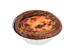 Uma única cremetærte (tarte de creme) numa forma de alumínio, com uma cobertura dourada.