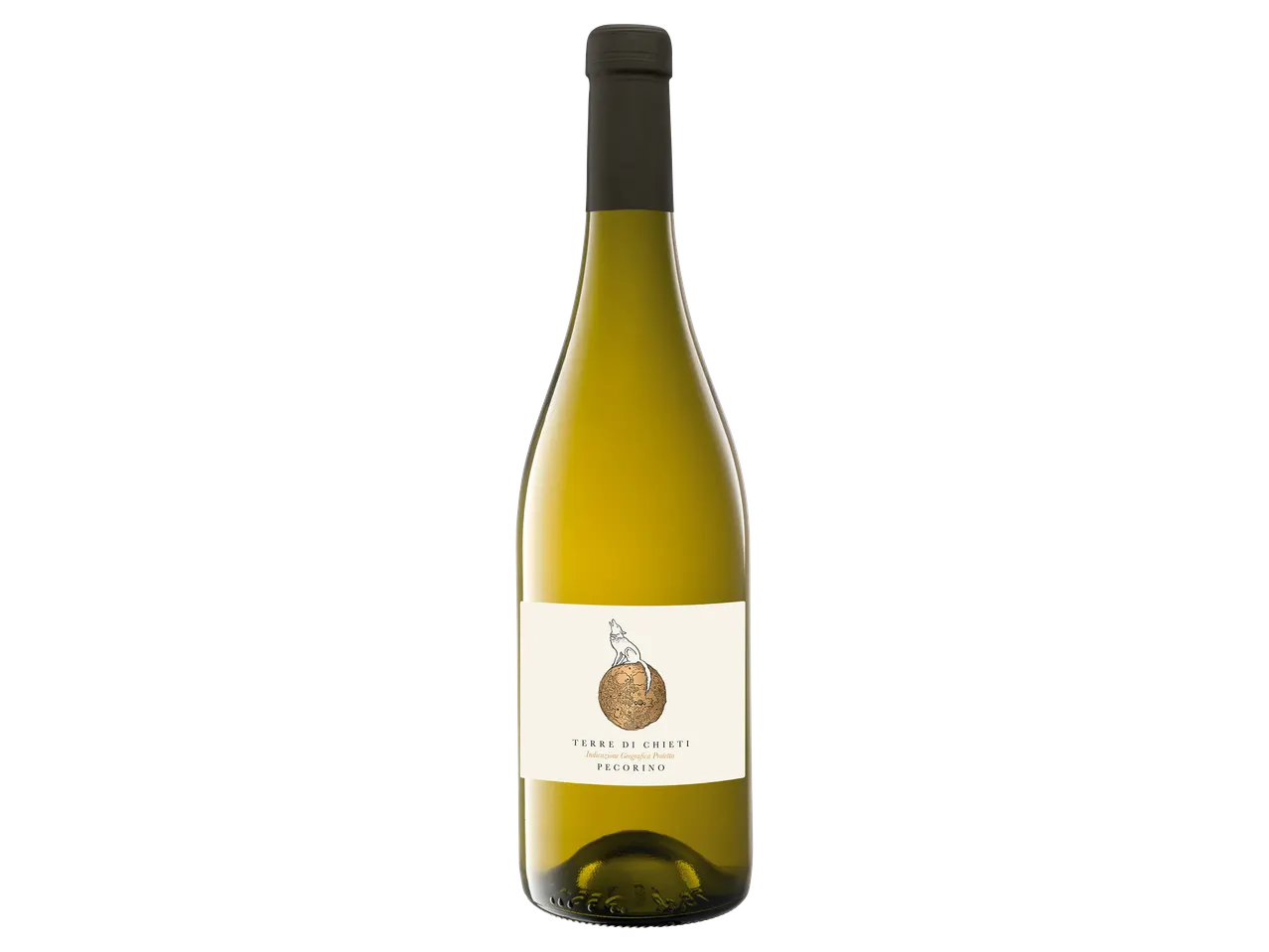 Egy üveg Terre di Chieti Pecorino fehérbor fekete háttér előtt.