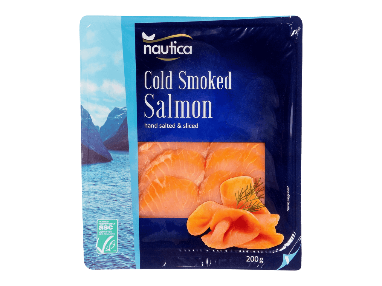 Nautica kylmäsavulohi, 200 g pakkaus, jossa on ASC-sertifiointimerkki.