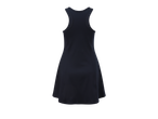 Vestido skater azul-marinho, com alças finas.