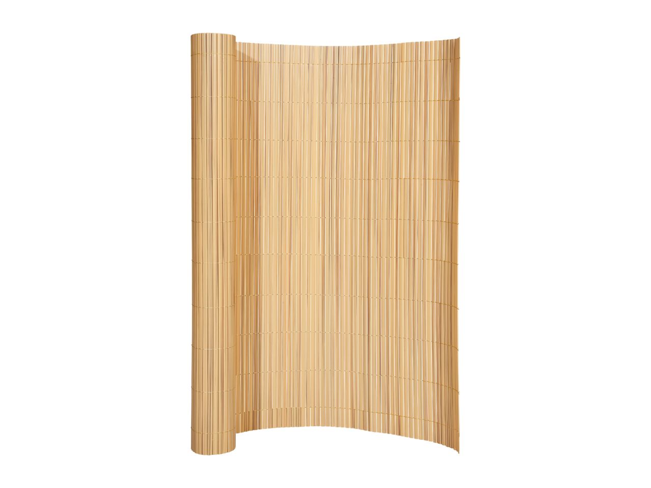 Rolled bamboo fence or privacy screen, light brown, on a white background.