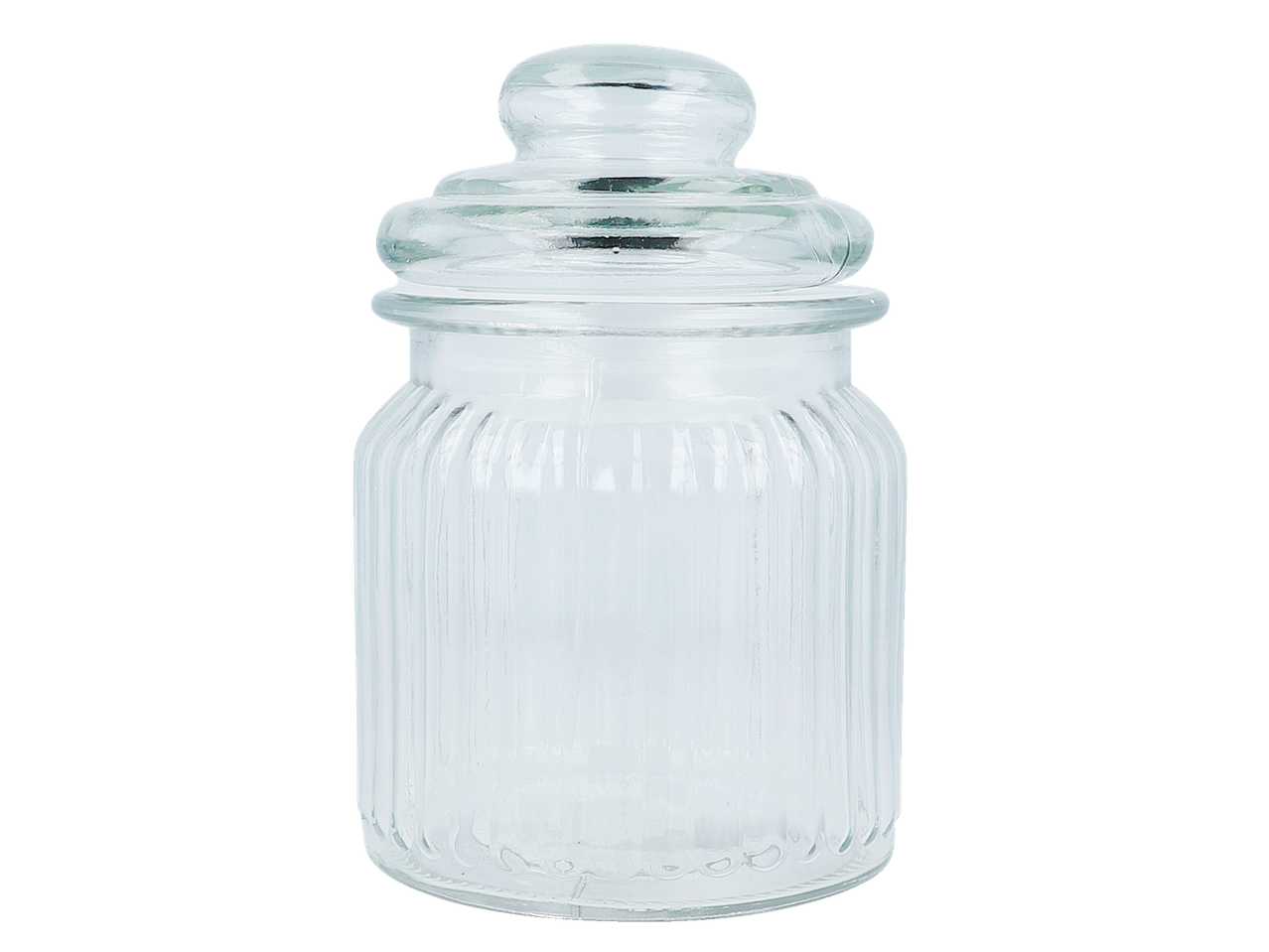 Um frasco de vidro transparente com tampa.