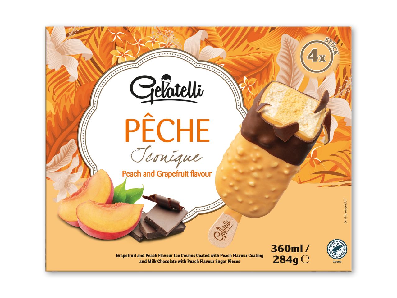 Fersken- og grapefrugtis med chokoladeovertræk, 4 stk.