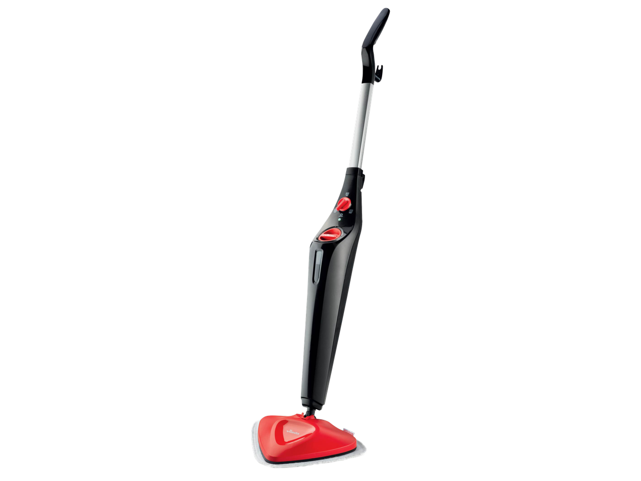 Черна и червена парна почистваща машина с дълга дръжка и триъгълна глава за почистване.