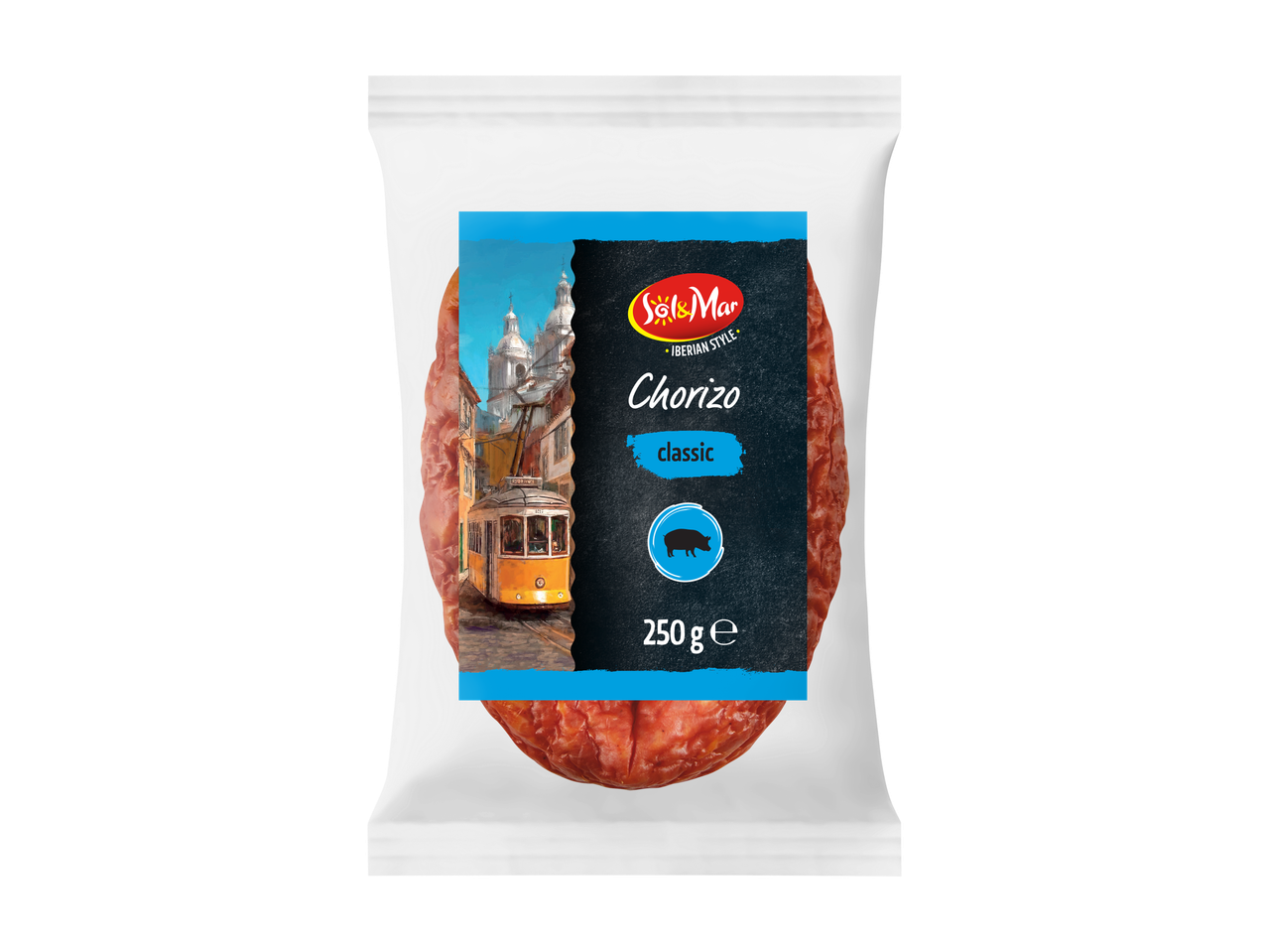 SOL&Mar Iberian Style Chorizo Classic, 250g, in een doorzichtige verpakking met een tramscène.