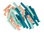 A pile of colorful food bag clips in peach, light green, and teal.