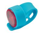 A bright blue silicone bike light with a red LED lens.