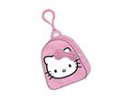 A pink Hello Kitty backpack with a fuzzy bow and a loop for hanging.