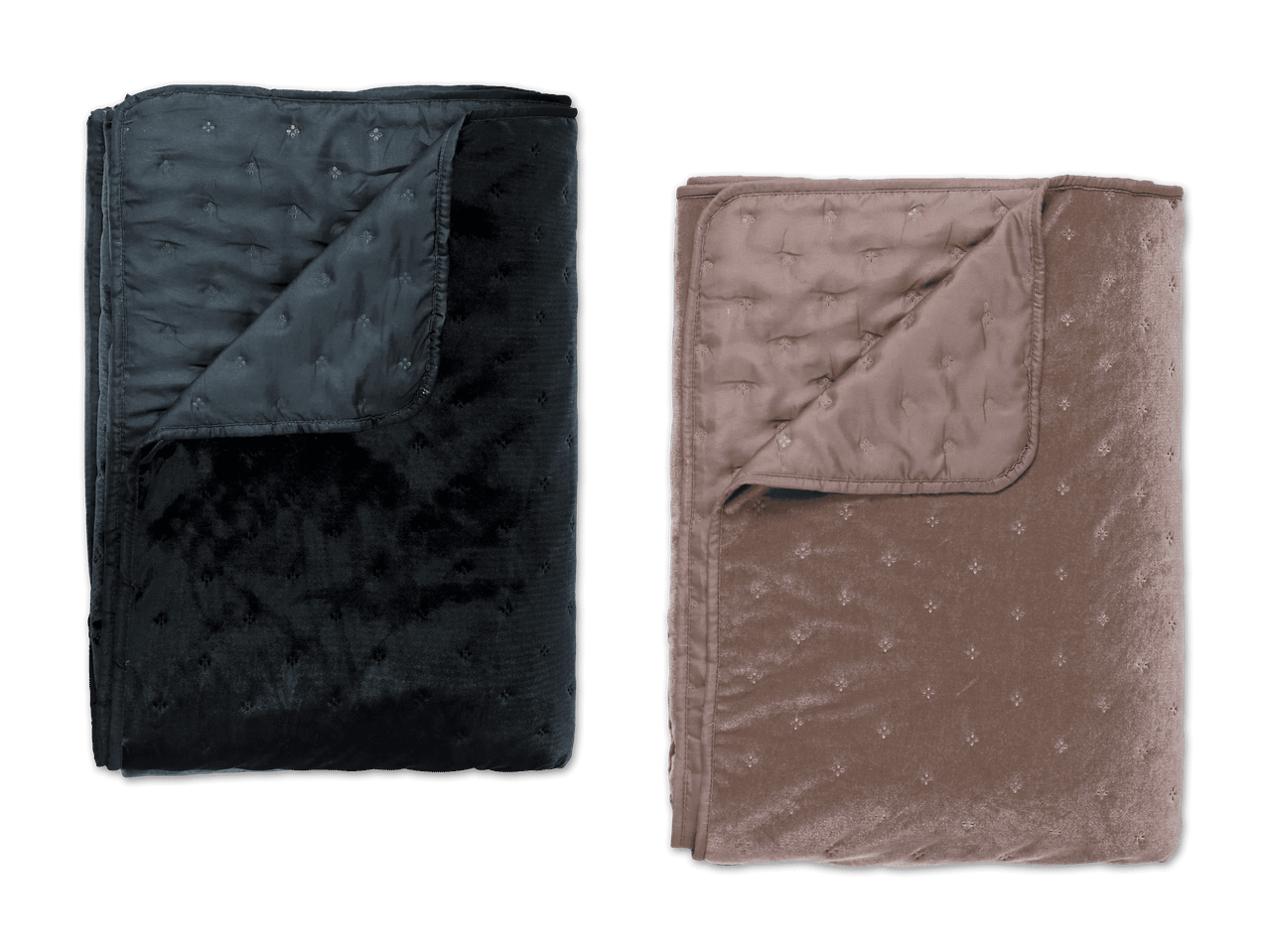 Zwei gesteppte Samtdecken in Dunkelgrau und Mauve mit Blumenmuster