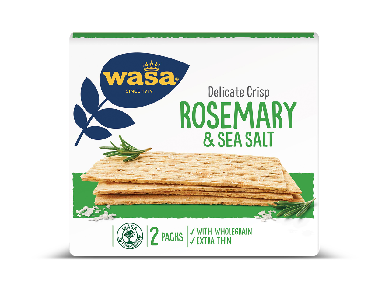 Verpakking van delicate, knapperige crackers met rozemarijn en zeezout, gemaakt met volkoren.