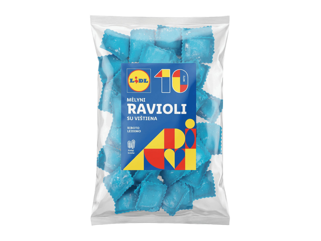 Mėlyni ravioliai su vištiena, riboto leidimo, pakuotėje, su 10 metų jubiliejaus logotipu.