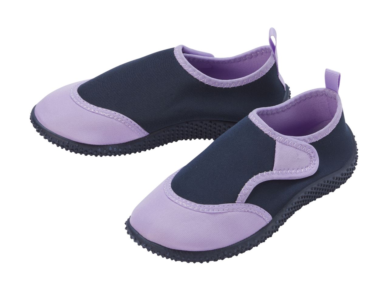 Pair of children's water shoes in dark blue and light purple with textured soles.