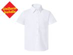 White short-sleeved uniform shirt with a pocket, featuring a red diamond graphic with 'Uniform bundle' text.