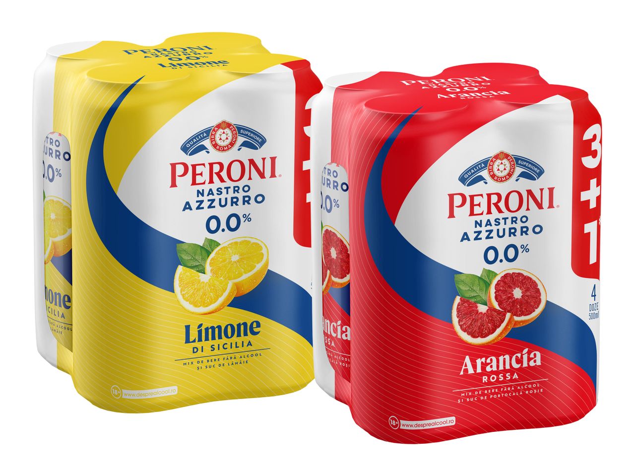 Două pachete cu patru doze de Peroni 0.0% în arome de lămâie și afine.