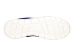 Bottom view of a white and purple athletic shoe sole with a textured grip pattern.