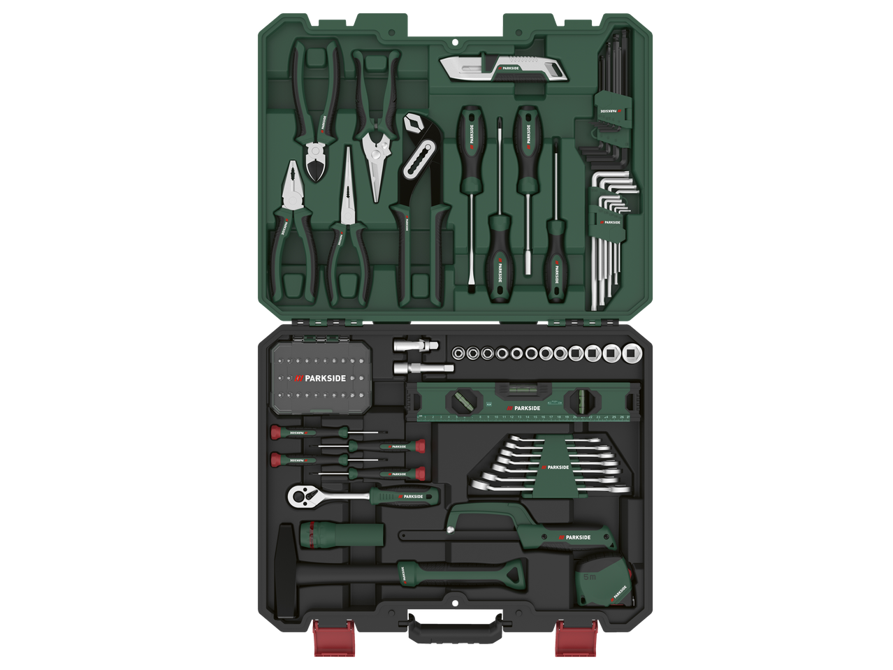 PARKSIDE darbarīku komplekts ar knaiblēm, skrūvgriežiem, uzgriežņu atslēgām un mērlenti.