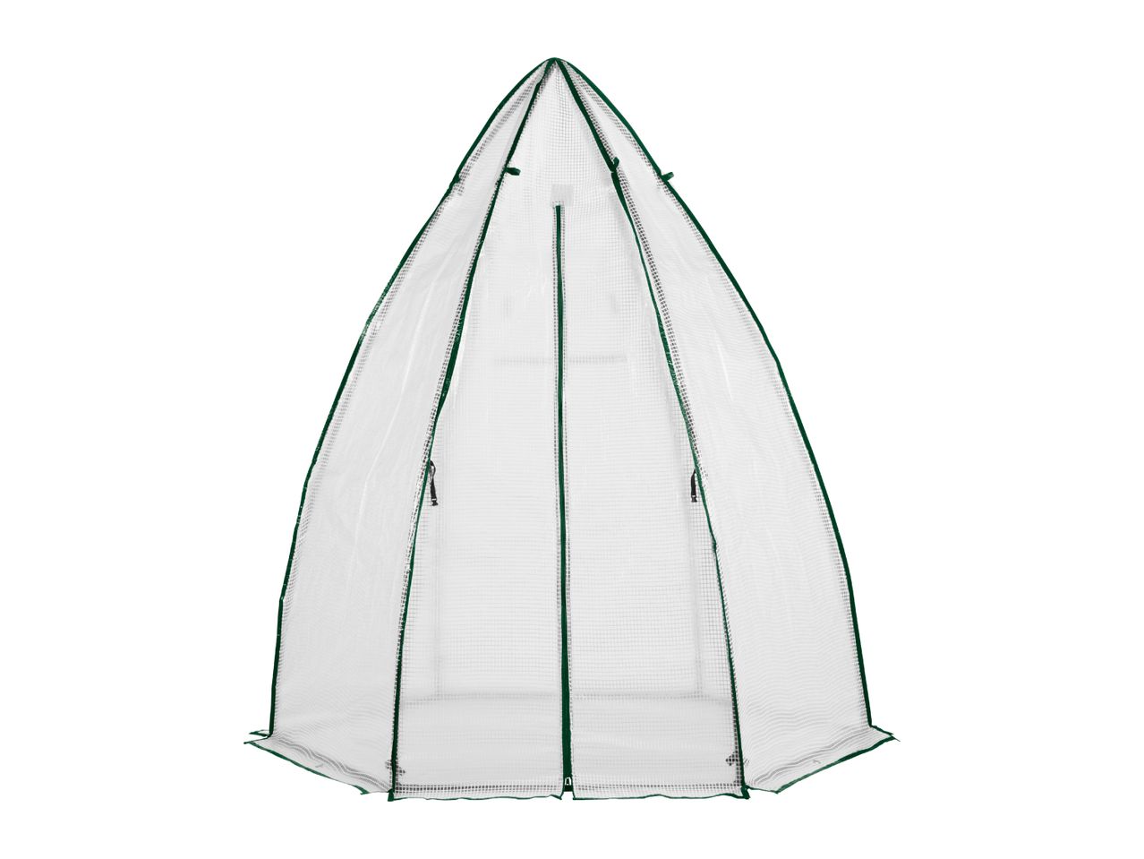 Teardrop-shaped garden greenhouse with a zippered door and green trim