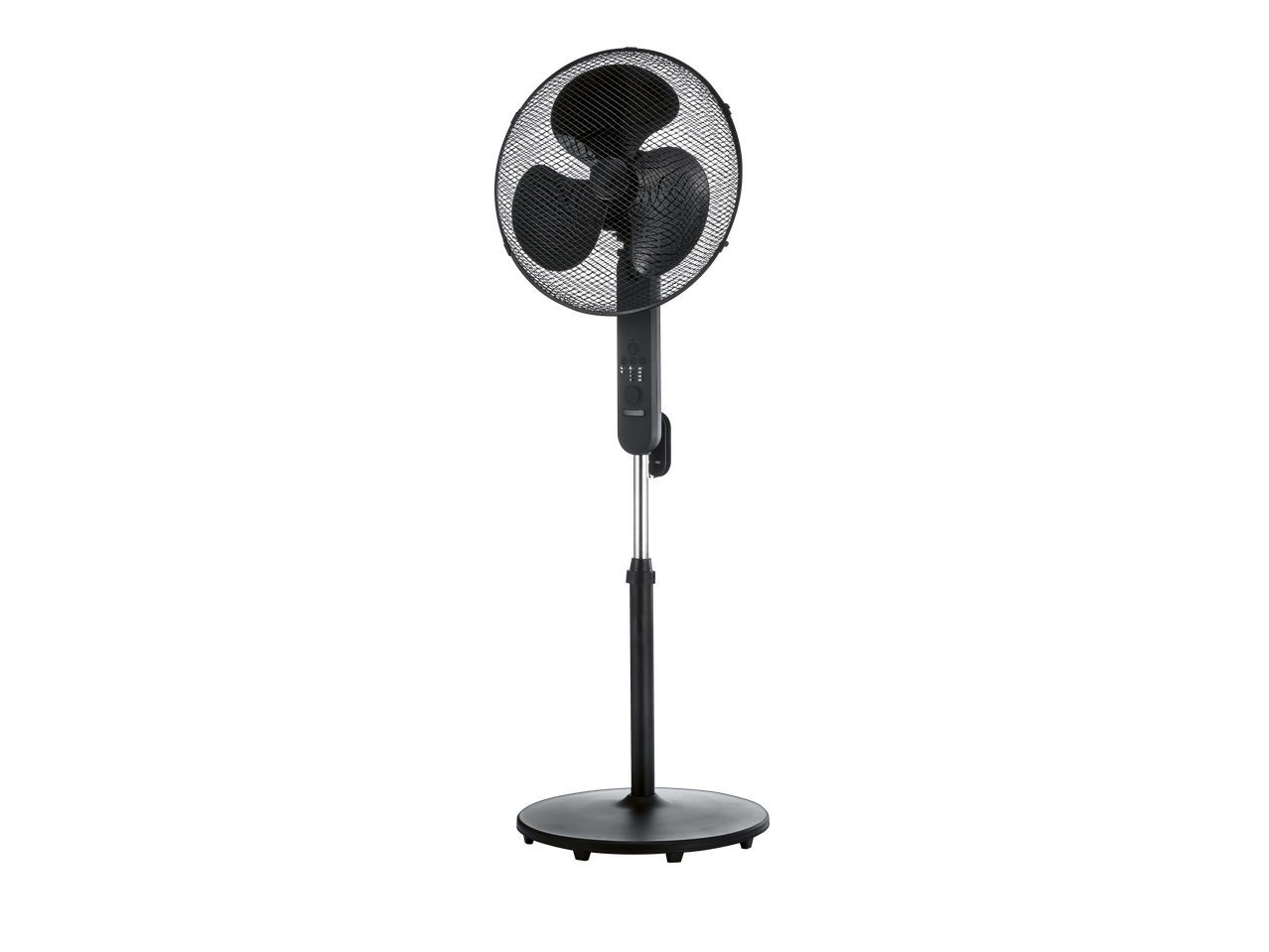 Ventoinha de pedestal Tronic 50W, preta com controlos digitais, sobre fundo preto