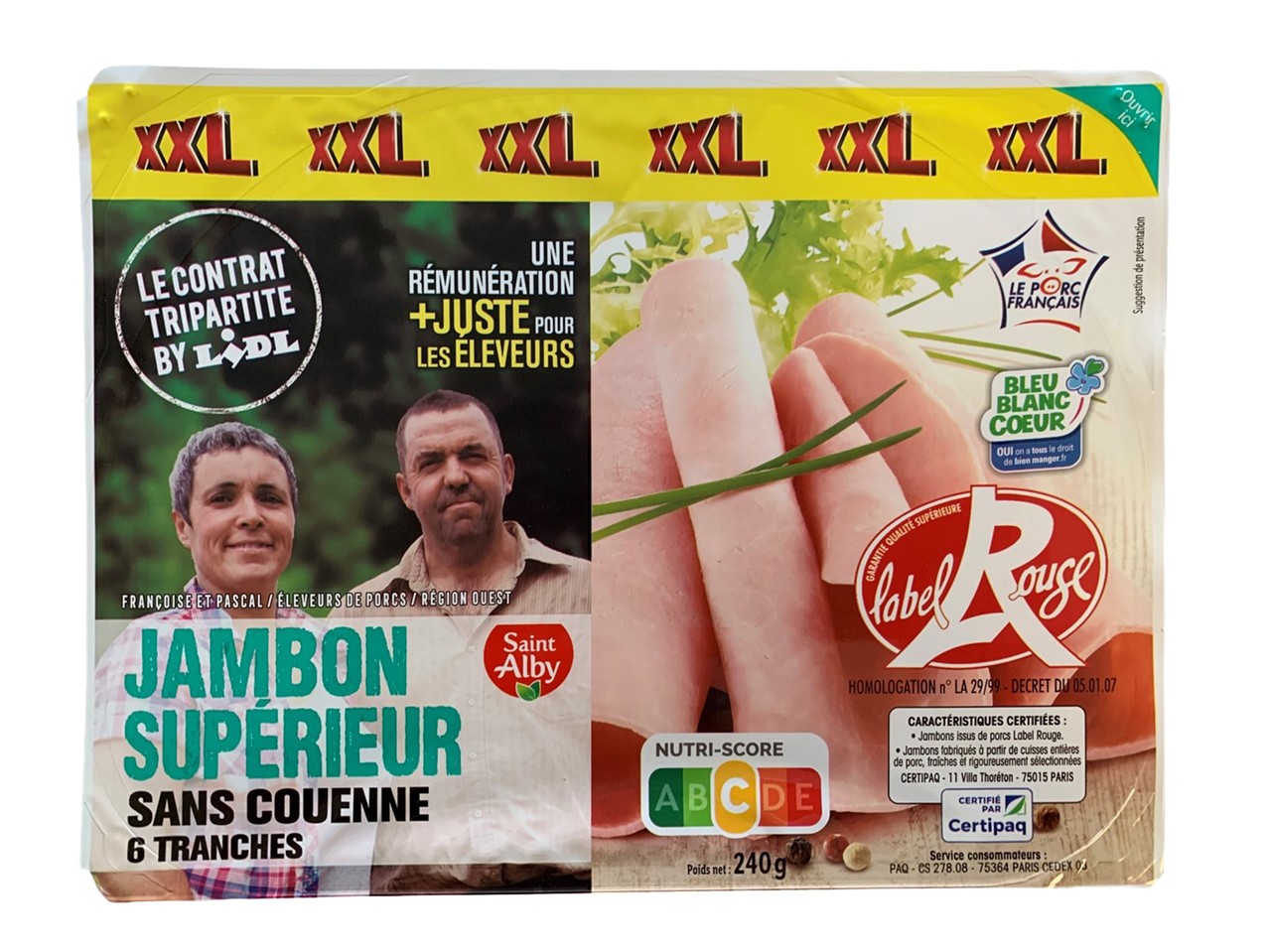 Paquet de jambon supérieur sans couenne, 6 tranches, avec Nutri-Score C et le label Rouge.