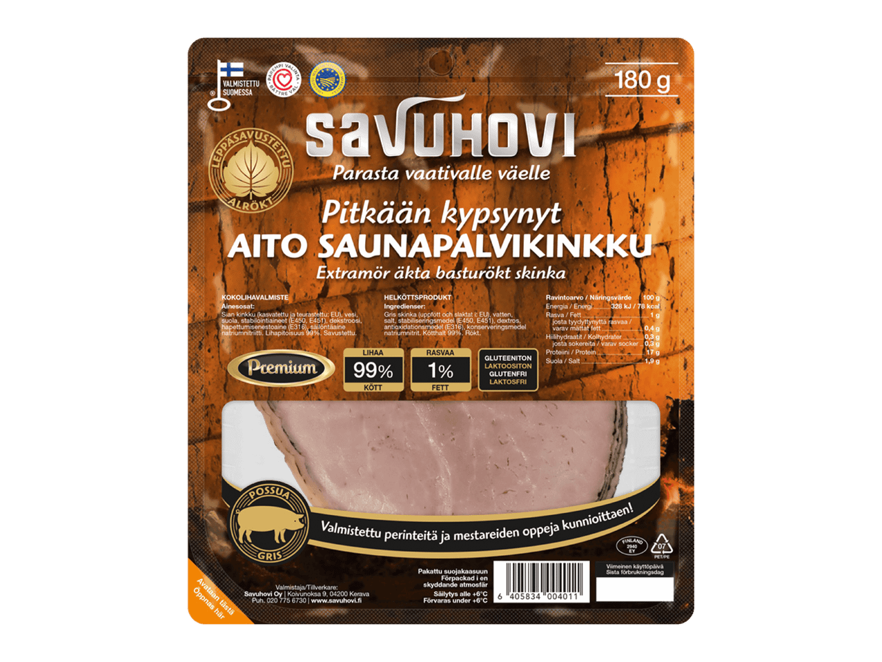 Pakkaus savustettua saunapalvikinkkua, jossa on tietoa ainesosista, ravintoarvoista ja valmistajasta.