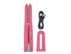Pink hair straightener, USB cable, and case.